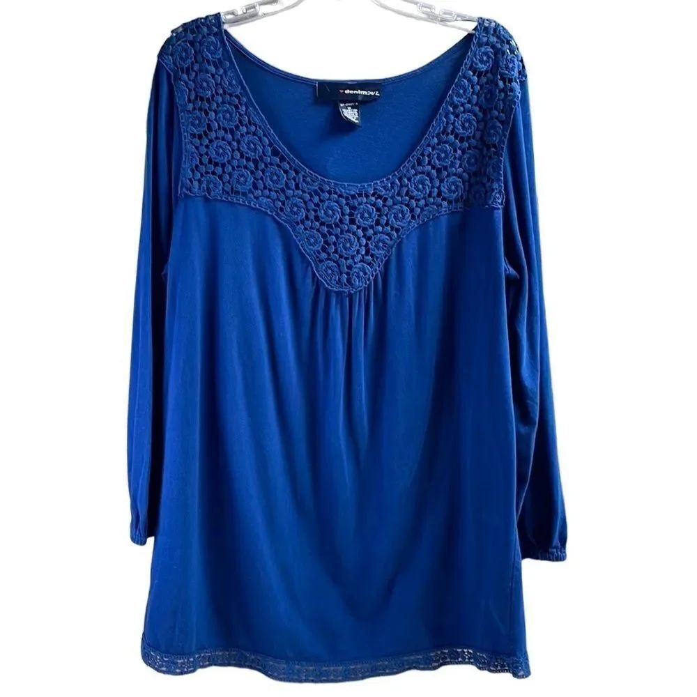 DENIM 24/7 Ladies 3/4 Sleeve Scoop Neck Floral Crocheted Neckline Hem Size 1X